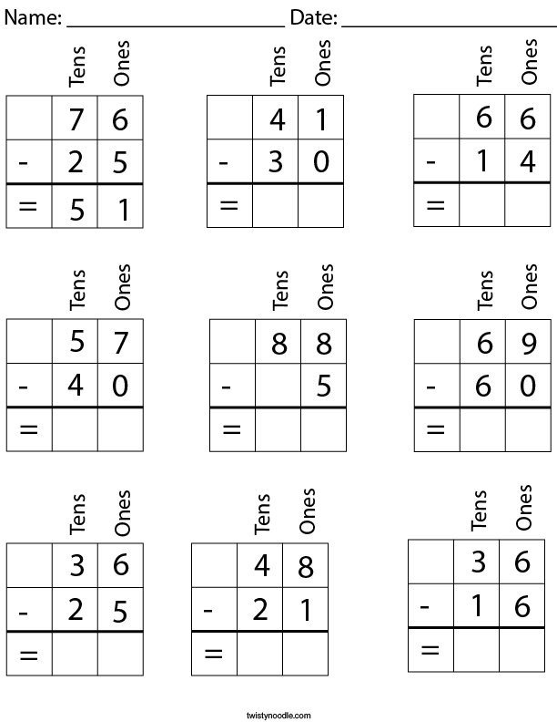 2 Digit Subtraction With Place Value Math Worksheet Twisty Noodle